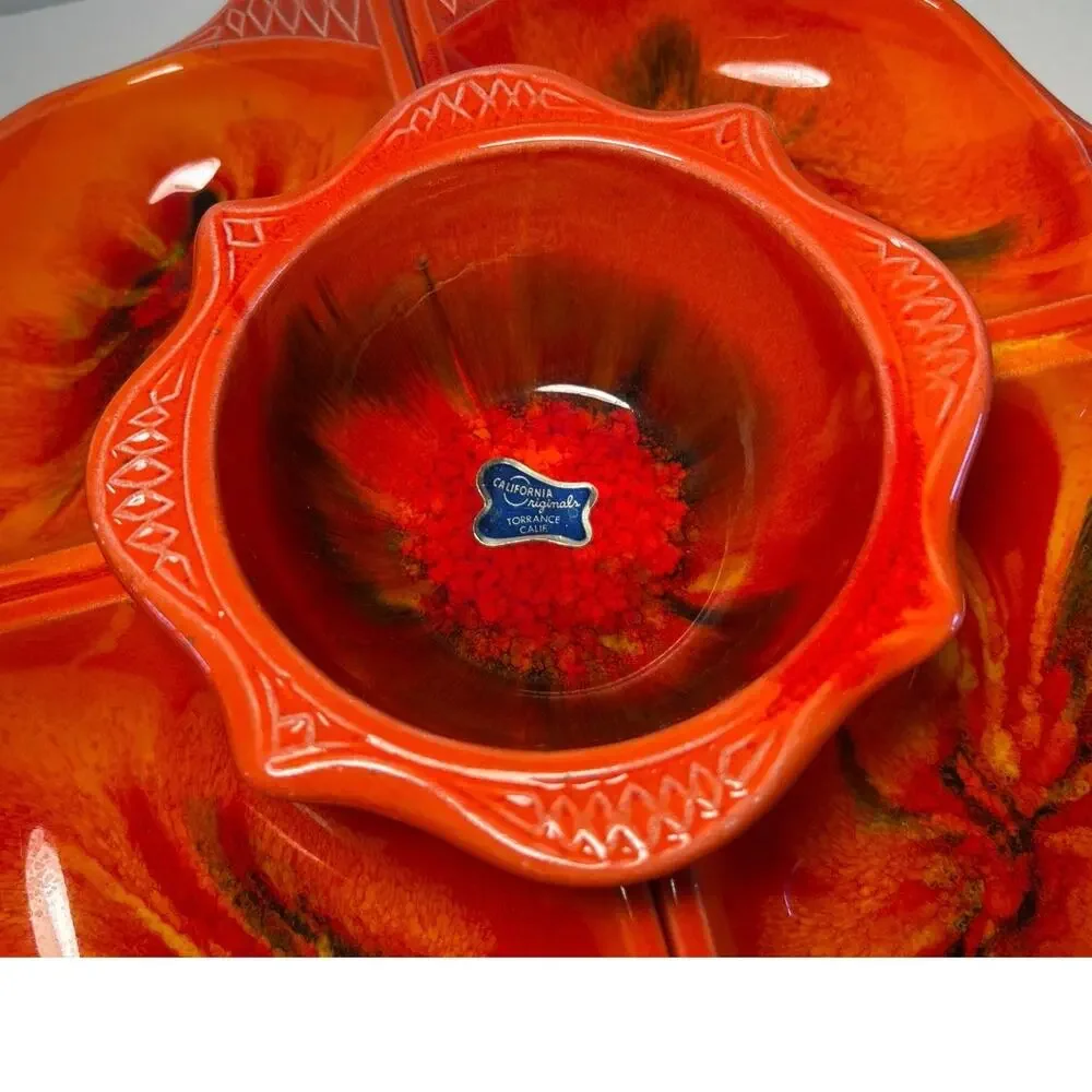 Art Deco 60’s Calif Originals Lazy Susan Chips & Dip Serving Dish Orange Lava